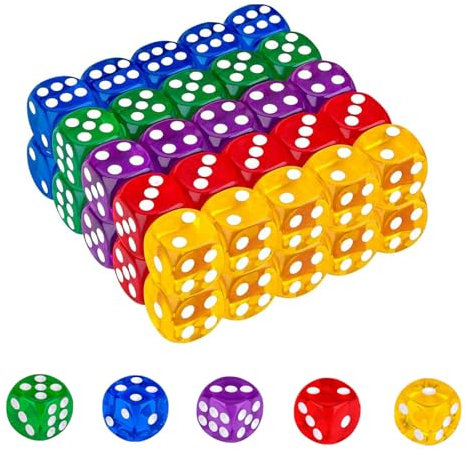20 Pezzi Dadi Poliedrici D6 in Acrilico, 12 mm Cubi Colorati per Giochi da Tavolo, 6 Facce, Traslucido, 5 Colori - Set per Matematica