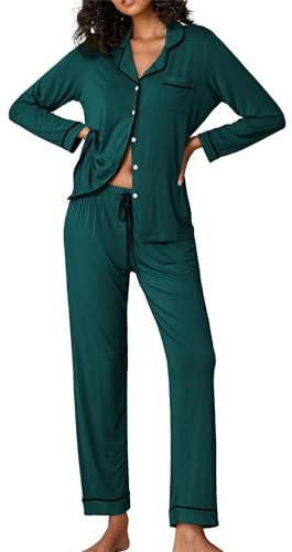Ekouaer Pigiama Donna Cotone Manica Lunga Set Pigiama con Bottoni Abbigliamento da Notte Scollo a V Due Pezzi Pjs Verde XXL