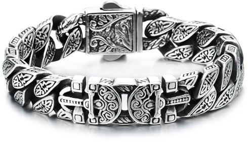 COOLSTEELANDBEYOND Herren Tribal Tätowierung Muster Gliederkette Armband, Schick Vintage Panzerkette Armband Edelstahl Schwere Robust