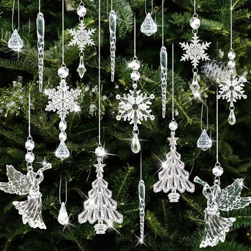 63 Stück Weihnachtsbaumschmuck, DIY Acryl Schneeflocken Eiszapfen Anhänger Christmas Decorations,Kristall Christbaumschmuck Weihnachten Deko