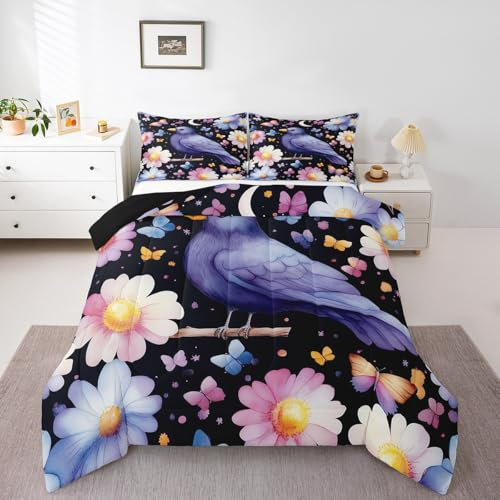 Crow Quilt Single For Kids, Raven Halloween Decor Duvet Set Bird Animal Bedding Set Daisy Flower Cartoon Floral Quilted Duvet For Girls Children Butterfly Bedroom Decor, Colorful, Microfiber Soft
