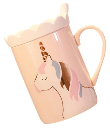 OKUMEYR Adorable Taza de Cerámica con Forma de Unicornio en Forma de K con Tapa Y Cuchara Color Rosa para Hotel Y Oficina