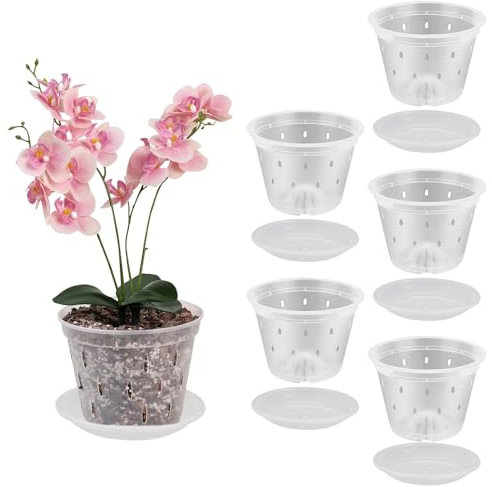 HIULLEN Clear Orchid Pot, 5 Pcs 16cm Plastic Plant Pots with Drainage Hole and Tray, Seed Seedling Pots, House Plant Pots, Nursery Pots for Orchid Repotting Kit