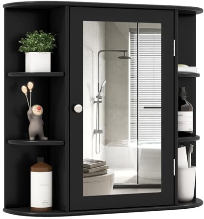 GIANTEX Armoire Murale Salle de Bain avec Miroir, Meuble WC Suspendu avec Portes-Miroir et Étages Réglables, Étagère de Rangement en 6 Niveaux,17 x 65 x 64 cm, Noir