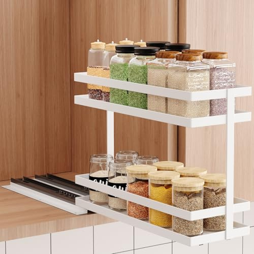Mustorn Rangement Epices Cuisine Coulissant, 2 étages Métal Etagere A Epices, Porte Epice Cuisine, étagère à épices Pas De Perçage, Spice Rack(1 Pièces, Blanc)
