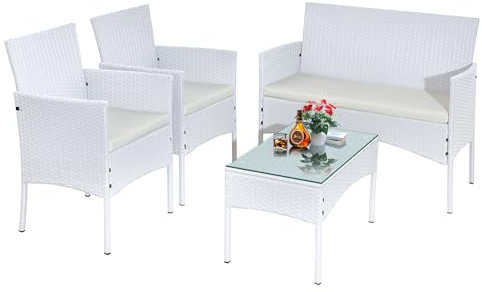 Yaangagpe Rattan 4 Piece Garden Furniture, White Wicker Sofa Set with Glass Top, Outdoor Conservatory Set for Garden, Balcony, Terrace, Lawn