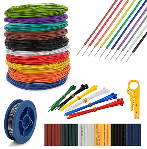 UL1007-26AWG Kit de cableado eléctrico para equipos electrónicos | de hilos múltiples de cobre estañado，bricolaje Alambres eléctricos ，incluye accesorios<16,5 pies x 10 colores>