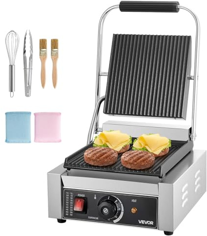 VEVOR Piastra Elettrica per Panini Professionale, 1800 W, in Acciaio Inox con Maniglia e Controllo della Temperatura, Piastra Smaltata Scanalata Piatta da 22 x 23 cm, per Bistecche, Pancetta