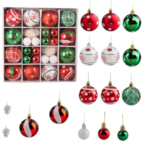 Aupawdy Weihnachtskugeln, 42 Stücke Weihnachtskugeln Kunststoff Set, Christbaumkugeln Set, Weihnachtsdeko Innen Aussen, Weihnachtsbaumkugeln Rot Grün Weiße,6cm und 3cm