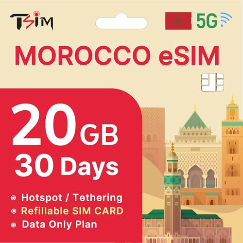 Marokko eSIM 30 Tage – 20GB Plan | 5G/4G Hochgeschwindigkeitsdaten | eSIM in 24 Stunden | Hotspot/Tethering aktiviert | Wiederaufladbare eSIM | Nur-Daten-Tarif