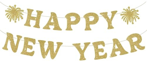 DazzJoy Glitzer Happy New Year Girlande Gold, Silvester Deko 2026 Girlande Gold, Deko Silvester 2026 Banner, Happy New Year Deko Girlanden, Neujahr Deko Banner für Silvesterdeko, New Year Decoration