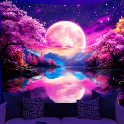 WEBEEDY Moon Forest Blacklight Pink Tapestry Natur Baum Landschaft Wandbehang UV Reaktive Leuchtstoff Wandteppich Wald Blacklight Poster Hintergrund Für Schlafzimmer 150x130cm