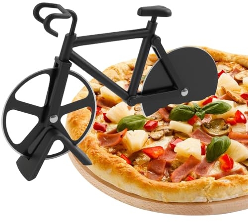 Fahrrad Pizzaschneider, Pizza Cutter, Lustiger Pizza Cutter mit Doppel-Schneidrad und Ständer, Antihaftbeschichteter Fahrrad Pizza Schneider als Küchen Gadget und Geschenk für Pizza Liebhaber