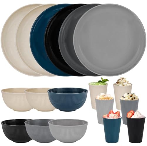 Plastic Dinner Sets for 6 People,18pcs Camping Plates and Bowls Set, Reusable Picnic Set Unbreakable Plates, Cups, Bowls for Children, Adult, Party, Home