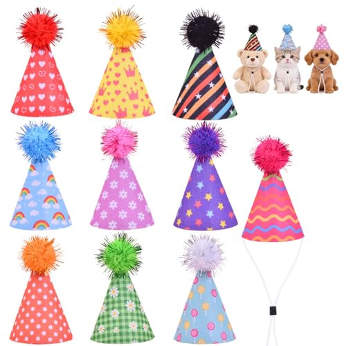 10 Stück Partyhüte für Kuscheltiere Mini Partyhüte Kegel Hüte mit Bommel und Gummiband für Hunde Katzen Kaninchen und Stofftiere Niedliche Tierparty Dekoration Fotoshootings