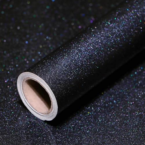 wishFIRE Black Glitter Wallpaper 40cm x 305cm Peel and Stick Wallpaper | Contact Paper Waterproof and Removable for Countertop Living Room Bedroom Kitchen