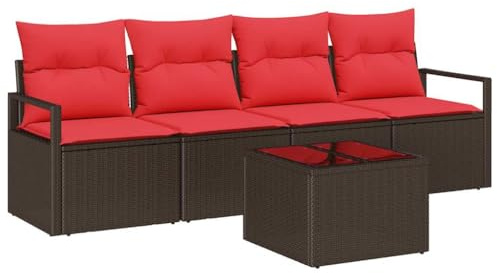 vidaXL Sofa Set 5 pcs Braun und Rot Poly-Rattan, Garten- und Terrassenmöbel, modernes Set, robuster Sofa, geflochtene Sitzgelegenheiten für Entspannung im Hinterhof