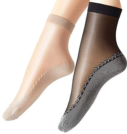 Ueither 12 pares de mujeres sedoso antideslizante de algodón único escarpado tobillo alta medias calcetería calcetines Dedo del pie reforzado (6 Pares Negro 6 Pares Beige)