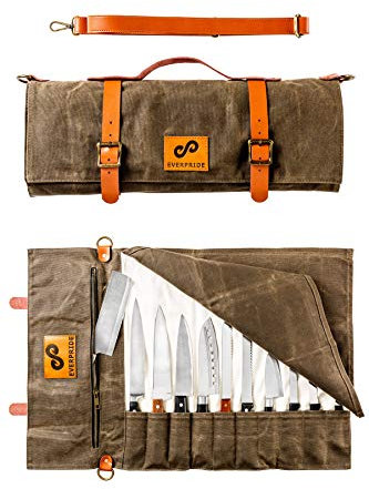 EVERPRIDE Bolsa enrollable de lona encerada para 10 cuchillos de hasta 19 pulgadas más cremallera para herramientas de cocina, funda de transporte duradera para chefs profesionales, estudiantes