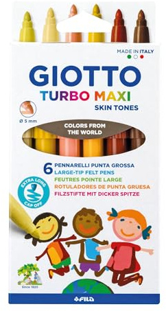 Giotto F527000 Turbo Maxi Skin Tones, 6 Stück (1er Pack) | Super waschbare Filzstifte, große Spitze, 5 mm, verschiedene Farben, für Kinder, Partys und Grundschulen