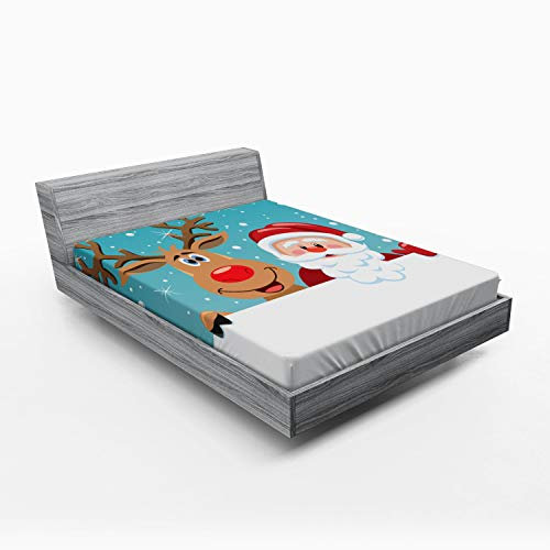 ABAKUHAUS Weihnachtsmann Spannbetttuch, Rudolph-Rotwild-Gruß, Soft Dekorativer Stoff Bettwäsche Rund-um Elastischer Gummizug, 140 x 200 cm, Aqua Rot