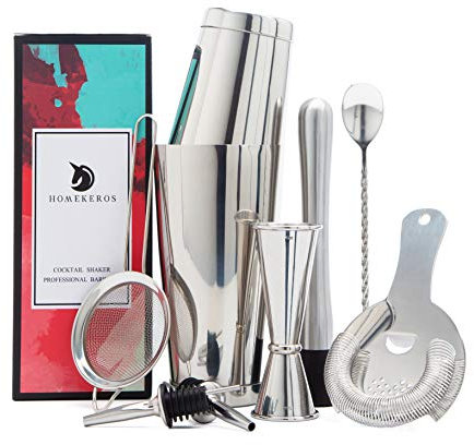 Ensemble de Shaker à Cocktail en Acier Inoxydable: Ensemble de Shaker à Boston 9 pièces avec Ensemble de passoires Hawthorne, Tasse à mesurer, Pilon de Bar, cuillère de Bar & 2 verseurs de vin