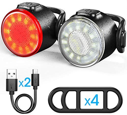 Set di Luci Bicicletta, Luce Anteriore e Fanale Posteriore Ricaricabile USB, Luce per Bicicletta a LED Impermeabile IPX5, 6 Modalità di Luminosità, Adatto a Tutte le Biciclette e Varie Strade.
