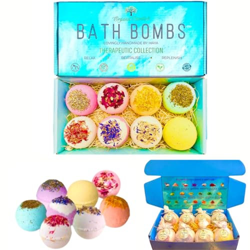 Organic Essentials Bath Bomb Set – Handmade Bath & Shower Bombs for Men & Women Infused with Essential Oils, Vegan, Skin-Nourishing, Deeply Relaxing Aromatherapy Fizzies Shower Bombs 8 Unique Blends