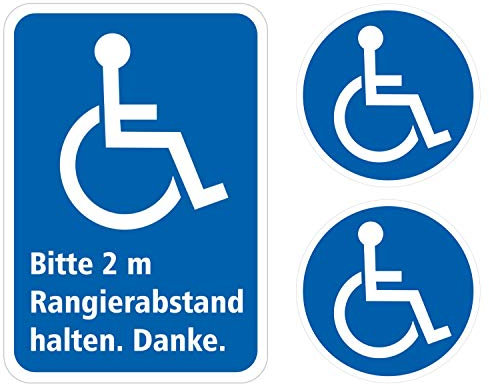 Aufkleber Set Rollstuhlfahrer Behinderten Sticker 1x Bitte 2m Abstand halten 11,5 cm x 8cm + 2x Rolli rund KFZ Auto Scheibe UV Wetterfest