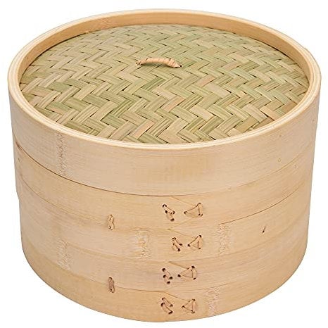 Bamboo Steamer 10 Inch, 2 Tiers Chinese Food Steamers, Traditional Design Healthy Cooking for Dumplings, Vegetables, Chicken, Fish - Handmade Steam Basket Included 2 Gauze Liners and Chopsticks