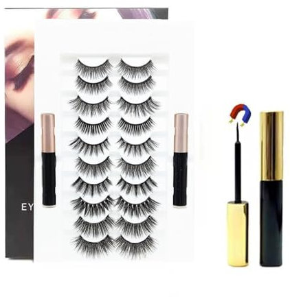Magnetic Eyeliner and Eyelash Kit,10 Pairs Reusable Magnetic False Eyelashes,Waterproof Long Lasting Magnetic Eyeliner With FREE Tweezer For Use With Magnetic False Lashes,No Glue Needed