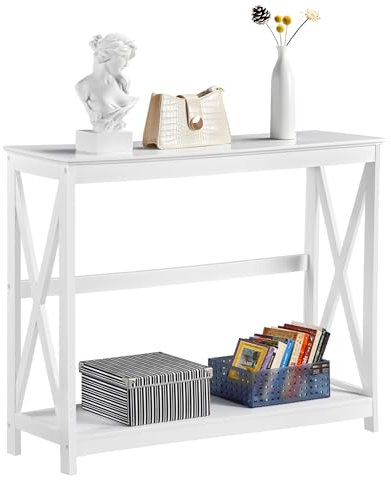 Yaheetech Table Console Table d'Entrée en Bois Table Etroit, Moderne, avec 2 Etagères de Rangement, Structure en X, pour Petits Espaces, Salon, Couloir, 102 x 30 x 81 cm, Blanche
