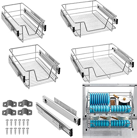 XMTECH 4er Set Teleskopschublade 40cm für Küche Schrankauszug Ausziehbar | Geeignet für 40cm Schränke (Produktbreite 37cm), Metallkorb mit Teleskopschiene, leichtgängiger Auszug