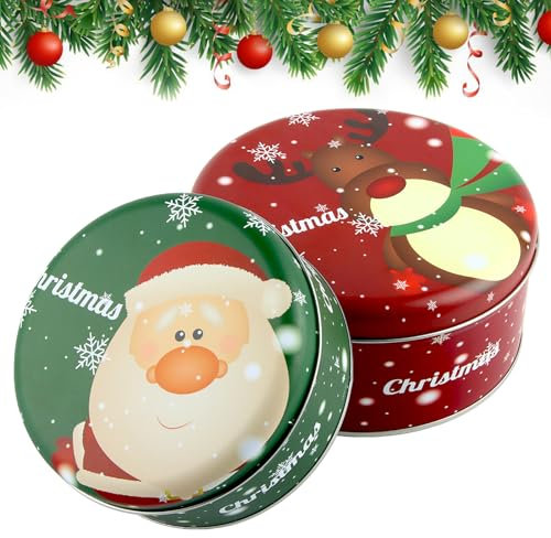 Taozoey Boîtes à Biscuits/Bonbons de Noël Rondes en Métal, Lot de 2, avec Couvercle