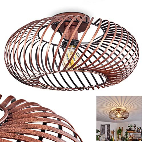 Deckenleuchte Oravi, runde Deckenlampe aus Metall in Kupferfarben/Schwarz, 1-flammig, E27-Fassung, Ø 40 cm, Leuchte im Retro/Vintage-Design mit tollem Lichteffekt durch Gitter-Optik, ohne Leuchtmittel