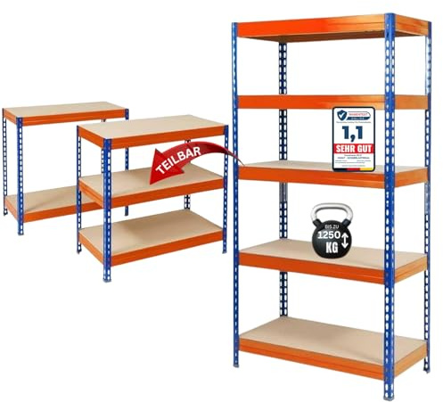 KARAT Heavy Duty Shelving System, Metal Boltless Shelf, Garage Shelving Rack, Basement Storage Shelves and Workbench, Load Capacity up to 1500 kg, Quick Assembly (Blue/Orange, 180 x 120 x 60 cm)