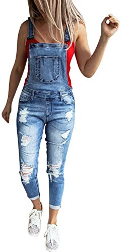 QWUVEDS Latzhosen Damen Lässiger, klassischer, Blauer Trend-Vintage-Denim-Overall mit Langen Hosen für Damen Arbeitsoverall Damen