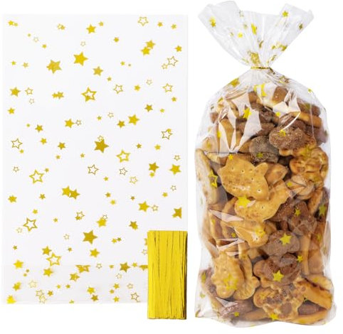 100 Stk 18x30cm Gold Sterne Cellophantüten Weihnachten Plätzchentüten Kekstüten Weihnachtstüten transparent Zellophantüten Geschenktüten Geschenktasche für Süßigkeiten Bonbon