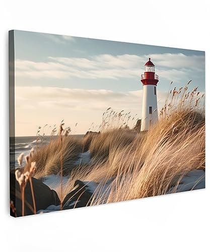 MuchoWow© Impression sur Toile Photo Peinture 60x40 cm Tableau Decoration Murale Chambre Salon Maison Deco Cuisine Phare - Herbe - Dunes - Mer - Nature - Maritime