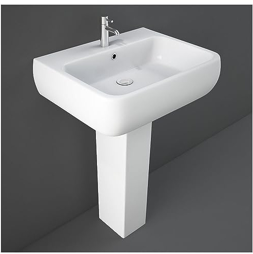 Lavandino con colonna 60x47 cm Rak serie Metropolitan, in ceramica bianco lucido, predisposizione per rubinetteria monoforo e batteria a 3 fori