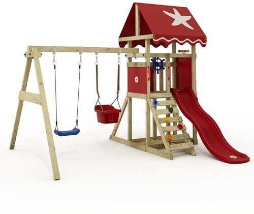 Wickey Tour de Jeux, portique de Jeux DinkyStar, balançoire & Toboggan Rouge, Tour d'escalade pour Enfants avec bac à Sable, échelle & Accessoires de Jeu pour Le Jardin