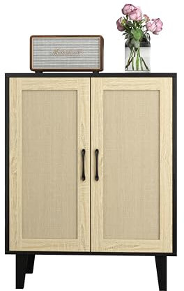 Panana Meuble de Rangement en Rotin et MDF, Buffets Haut Aspect sur Salon, Chambre, 69 x 38 x 88 cm (Noir et Bois)