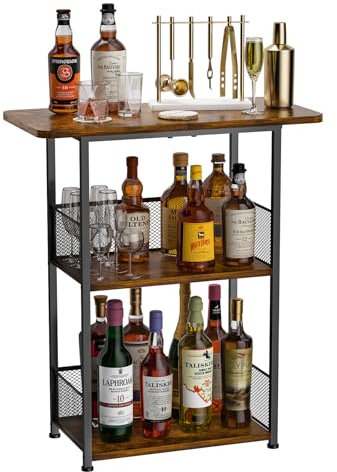Eyteenokk Estante Independiente para Whisky: Estante de Vino de 3 Niveles, Mini Bar, Mesa de Esquina para Botellas de Vino, Barra de café, para Botellas, cafetera y Tazas