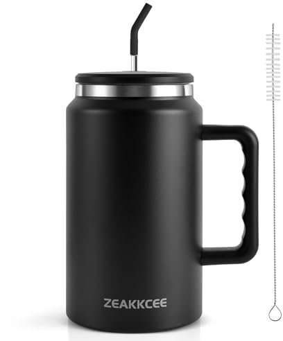 ZEAKKCEE 50oz Kaffeebecher to Go, Thermobecher mit Griff und Stroh, Doppelwandiger Edelstahl Vakuum Isolierbecher Große Kapazität für Heißer und Kalter Getränke (schwarz)