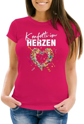 MoonWorks® Damen T-Shirt Fasching Karneval Konfetti im Herzen Kostüm-Ersatz Verkleidung Funshirt Frauen pink XS