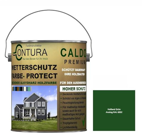 Contura Wetterschutzfarbe 500ml. Holz Dauerschutzfarbe Deckend Buntlack Holzfarbe Holzlasur Seidenmatt (Holland Grün - RAL 6002 Analog)