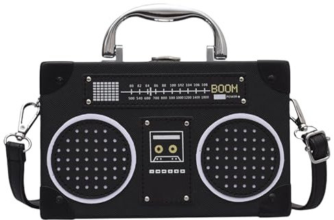 Retro Umhängetasche Kassette Handtasche Damen: 19 x 12 x 5 cm Schräge Schultertasche Radio Handtasche, Tasche Kassetten Schultertasche für 80er 90er Jahre Disco Party Dekoration - Schwarz (Schwarz 1)