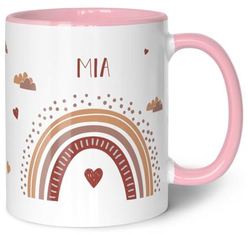 GRAVURZEILE Tasse für Kinder - im Regenbogen Design - Personalisiert mit Namen - Geschenk für Mädchen und Jungen zum Geburtstag - zur Kommunion und Konfirmation - Geburtstagsgeschenk - Rosa