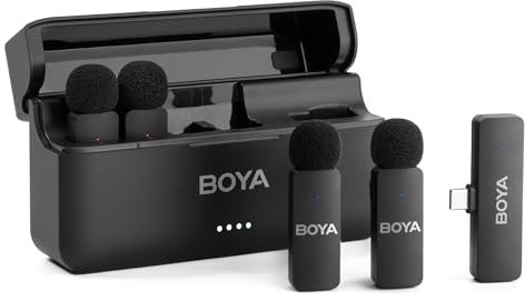 BOYA BY-V4U - Micrófono inalámbrico Lavalier para iPhone 15, Android Tipo C, teléfono Inteligente, micrófono de Solapa inalámbrico con Clip para grabación de Video, Podcast, entrevista, transmisión