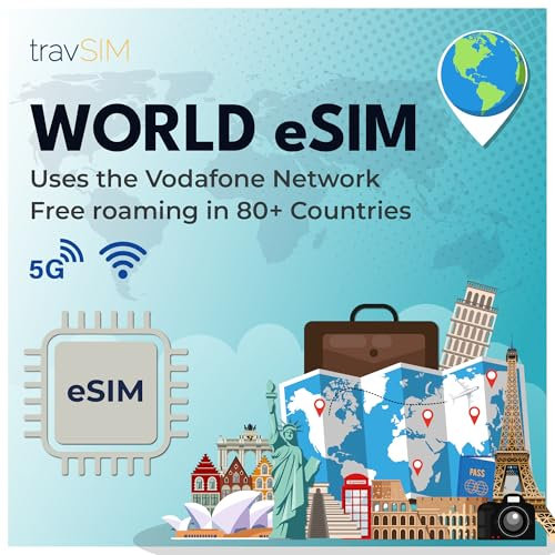 travSIM World eSIM | Daten-SIM-Karte (Verwenden Sie VoIP-Apps, um Anrufe zu tätigen) | 25GB Daten mit 4G/5G-Geschwindigkeiten | Kostenloses Roaming in 80+ Ländern | Plan auf eSIM ist für 14 Tage